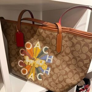 Coach Brown Signature Tote with Multicolor Logo Burst